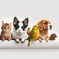 Common cute domestic animal pets hanging over a white horizontal website banner or social media cover. Generative AI