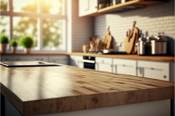 modern sleek kitchen counter wooden appliances blurred background illustration