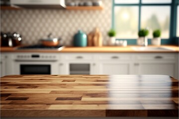 modern sleek kitchen counter wooden appliances blurred oven stove background illustration