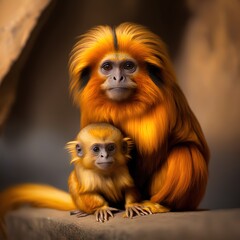 cute golden lion tamarin with baby (Leontopithecus rosalia). Generative AI