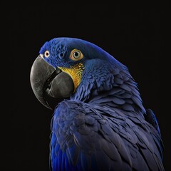 Fototapeta premium Hyacinth Macaw (Anodorhynchus hyacinthinus) on black background. Generative AI