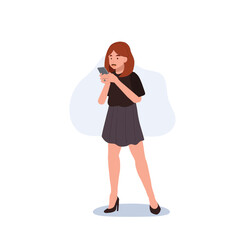 woman communicating with her mobile phone. texting by phone. Flat vector cartoon character illustration.