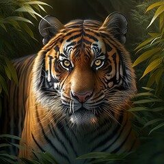 Obraz na płótnie Canvas Sumatran tiger (Panthera tigris sumatrae) is a rare tiger subspecies that inhabits the Indonesian island of Sumatra. Generative AI