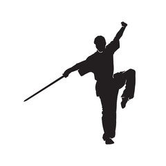 Vector silhouette of martial arts kung fu man standing and use sword to perform. Shaolin master illustration on white.