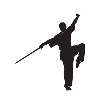 recommend clip art: Vector silhouette of martial arts kung fu man standing and use sword to perform. Shaolin master illustration on white.