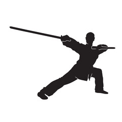 Vector silhouette of martial arts kung fu man standing and use sword to perform. Shaolin master illustration on white.