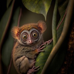 Portrait of Spectral Tarsier, Tarsius spectrum, from Tangkoko National Park on Sulawesi, Indonesia, in the large ficus tree. Generative AI