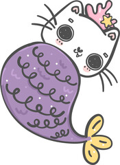 cute colourful cat mermaid character cartoon doodle drawing
