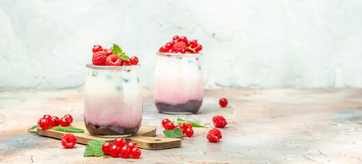 Obraz na płótnie Canvas Raspberry dessert cheesecake, trifle, mouse in a glass. Raspberry Greek yogurt granola parfait on a light background. Long banner format