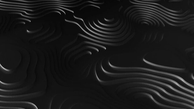 3d background lines, textured backdrop bg. Motion design graphics on abstract mountains animation in black and white. Grunge style dark gray surface environment. Topographic contour line map render.