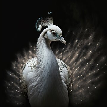 Rare White Peacock on Dark Background. Generative AI