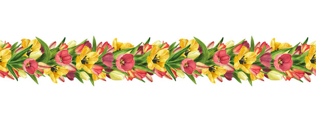 Seamless Border Garland with Tulips yellow, red isolated on white. Watercolor Illustration Easter floral for womens day