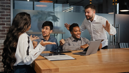 Businesswoman explain idea to worker business conflict quarrel misunderstanding with partners....