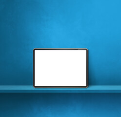 Digital tablet pc on blue wall shelf. Square background banner
