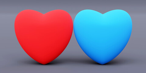 Couple of heart on purple background. Male blue and female red color. Ad template. 3d render