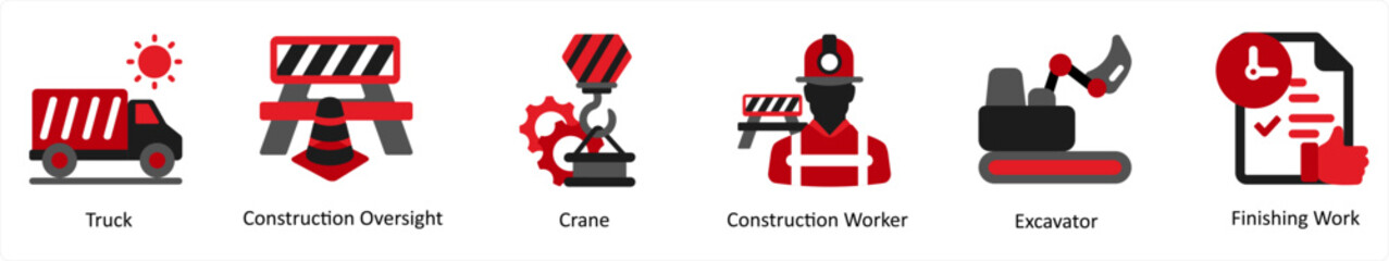 Six construction icons in red and black as truck, construction oversight, crane