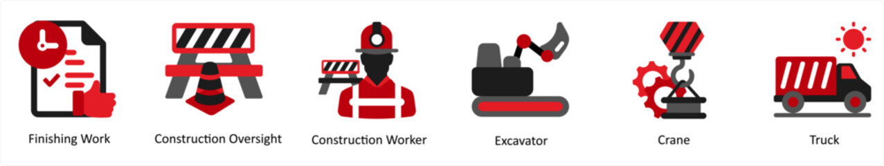 Six construction icons in red and black as finishing work, construction oversight, construction worker