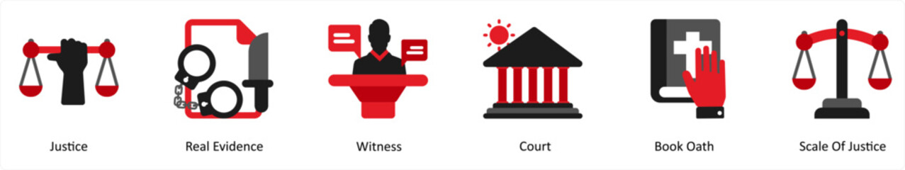 Six justice icons in red and black as justice, real evidence, witness