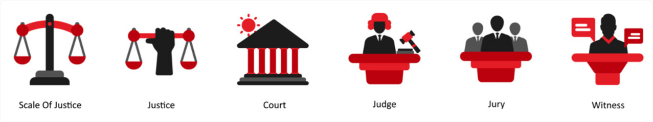 Six justice icons in red and black as scale of justice, justice, court