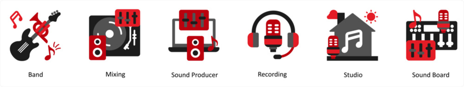 Six music icons in red and black as band, mixing, sound producer