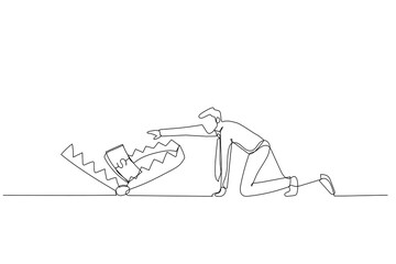 Illustration of businessman crawling into money trap. Single continuous line art style