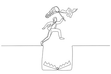 Cartoon of businessman try to catch flying dollar jump over hole of trap. One continuous line art style