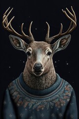 Deer wears a new years sweater with reindeer embroide, created with Generative AI technology