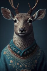 Deer wears a new years sweater with reindeer embroide, created with Generative AI technology