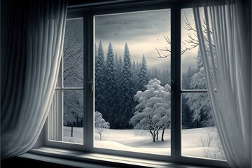 Winter landscape throw the window, created with Generative AI technology