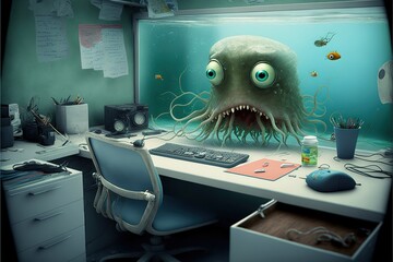 Office plankton under water, created with Generative AI technology