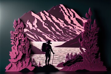 Fototapeta premium Hiking traveler in the mountain, created with Generative AI technology