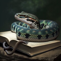 Obraz premium Python reading a book, created with Generative AI technology