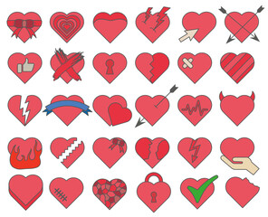 Heart icons set, vector illustration. Set of hearts of different types.