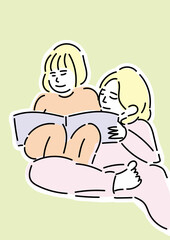 絵本を読んでいる2人の子どもの手描きイラスト