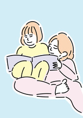 絵本を読んでいる2人の子どもの手描きイラスト