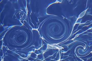 Defocus blurred transparent blue colored clear calm water surface texture with splashes and bubbles. Trendy abstract nature background. Water waves in sunlight with caustics. Blue water shinning 