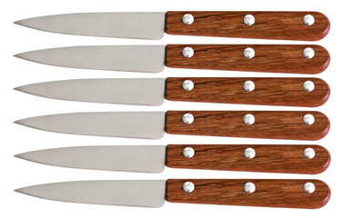 six couteaux de cuisine manches bois sur fond transparent