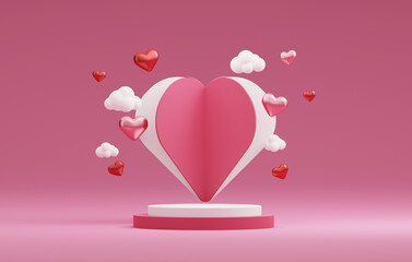 Heart shaped floating on pink background podium for valentine