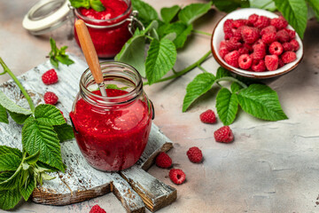 Fresh raspberries jam with raspberry. banner, menu, recipe place for text, top view