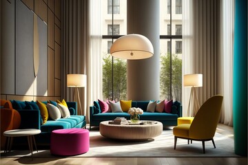 interior of a hotel room, 3d render modern hotel lobby interior environment design, bright color accents, warm and welcoming atmosphere