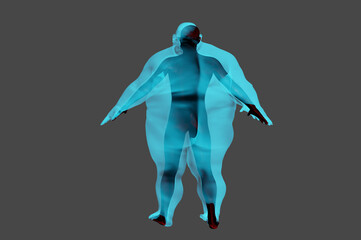 3D render. Athletic man inside an obese body on a gray background. Copy space. 