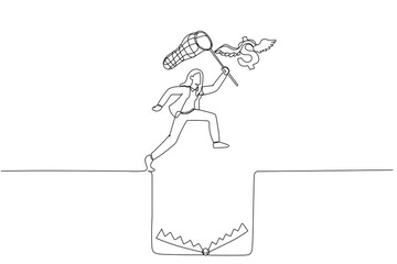 Illustration of business woman try to catch flying dollar jump over hole of trap. Continuous line art style