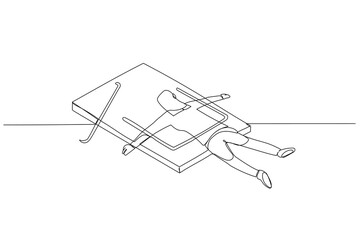 Illustration of business woman got caught shut in mousetrap metaphor of business trap. Single continuous line art style