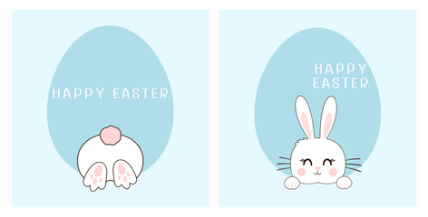 Easter cards with rabbit bottom, bunny face and hand written fonts on blue Easter eggs backgrounds vector. 