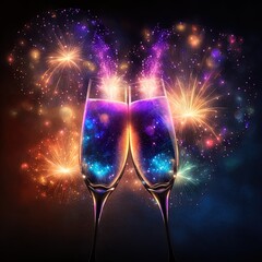 Cheers with wine glasses with fireworks in the background.