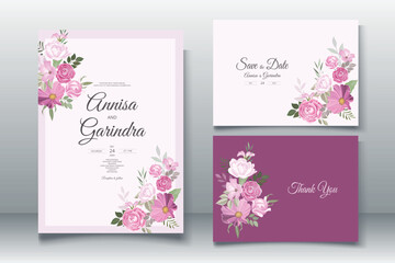  Beautiful magenta floral frame wedding invitation card template Premium Vector