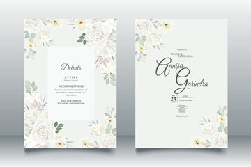 Naklejka na ściany i meble Wedding invitation card template set with beautiful white floral leaves Premium Vector