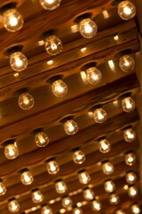 Plenty light bulbs shining bright. Many lightbulbs in rows on ceiling burn - 557550925
