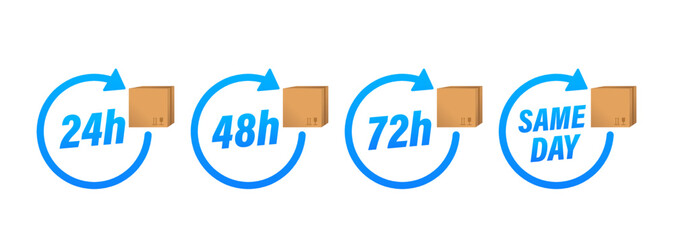 Fast delivery concept. 24, 48, 72 hour clock hand collection. Service hours, delivery time, service hours, working hours, or delivery time symbol. Vector illustration