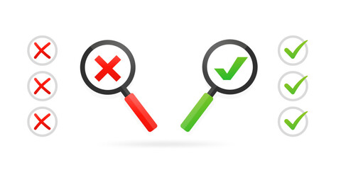 Magnifying glass and check and cross icons. Yes and no sign.test concept. Finding the answer. Dos and don'ts. Isolated on a white background. Vector illustration